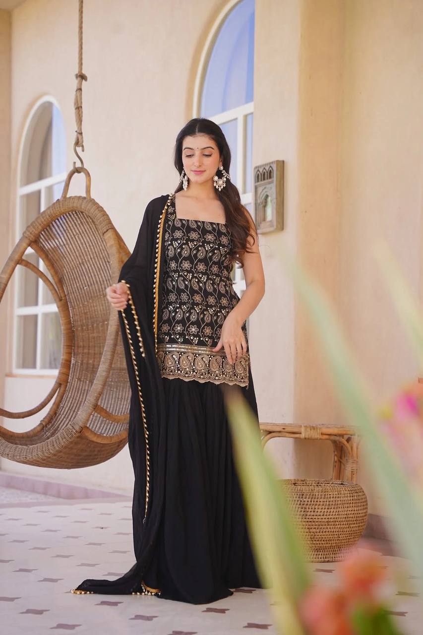 Deep Ruby Floral-Embroidered Silk Set